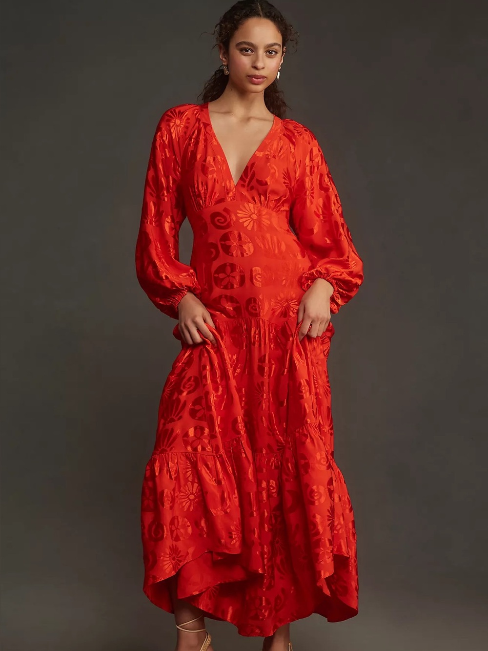FARM Rio Bright Red V-Neck Tiered Maxi Dress